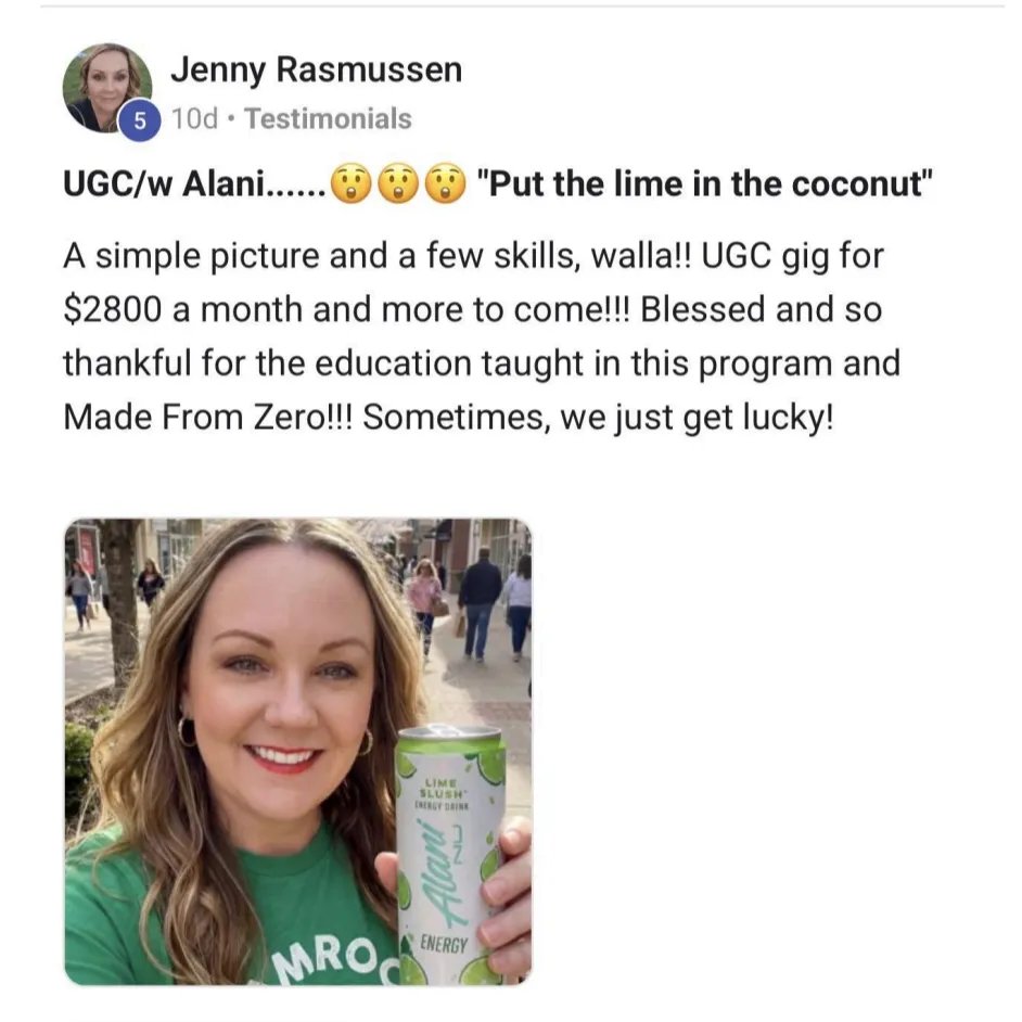 Community post screenshot from Jenny Rasmussen sharing a UGC gig she landed