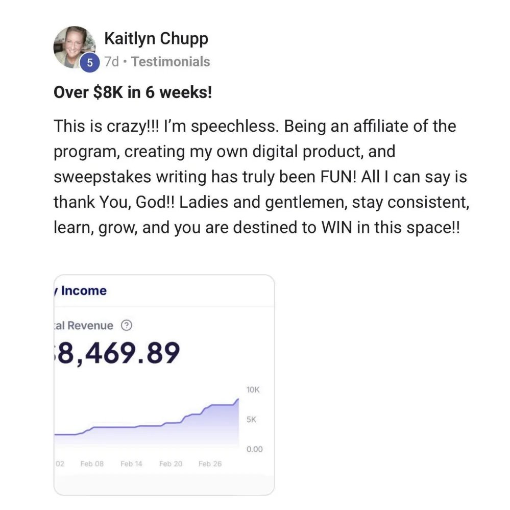 Community post screenshot from Kaitlyn Chupp sharing her six-week income result